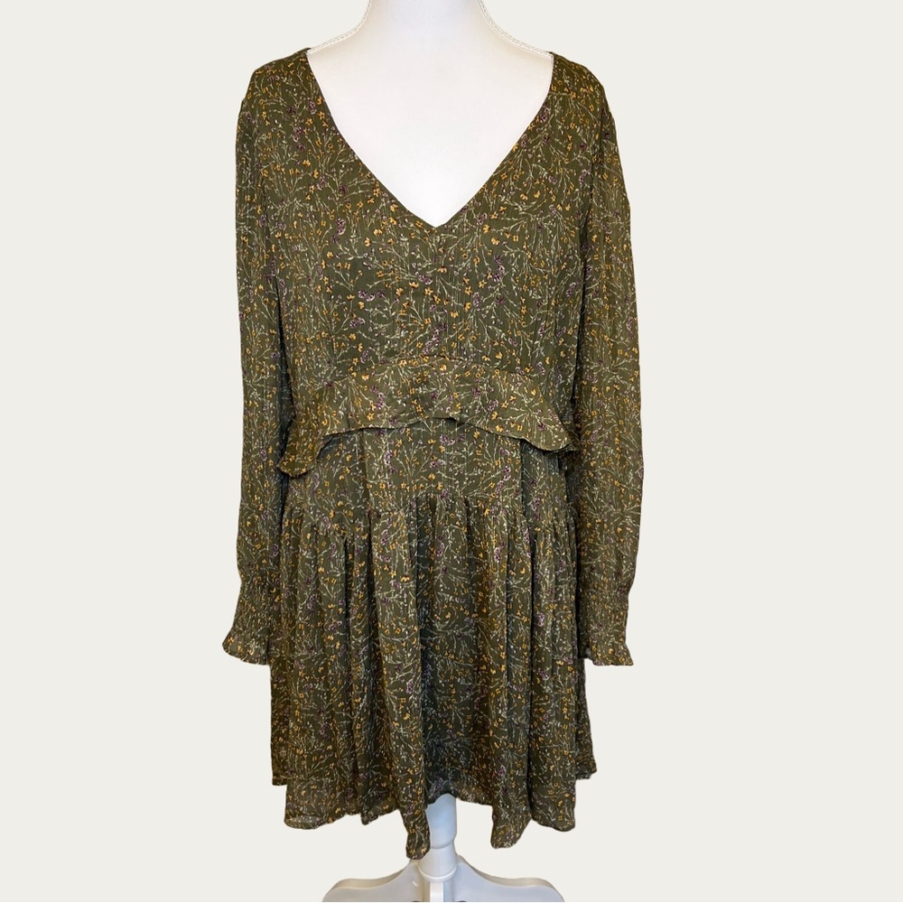 Jessica Simpson Olive Floral Long Sleeve Flowy‎ Dress Large Boho Chic
